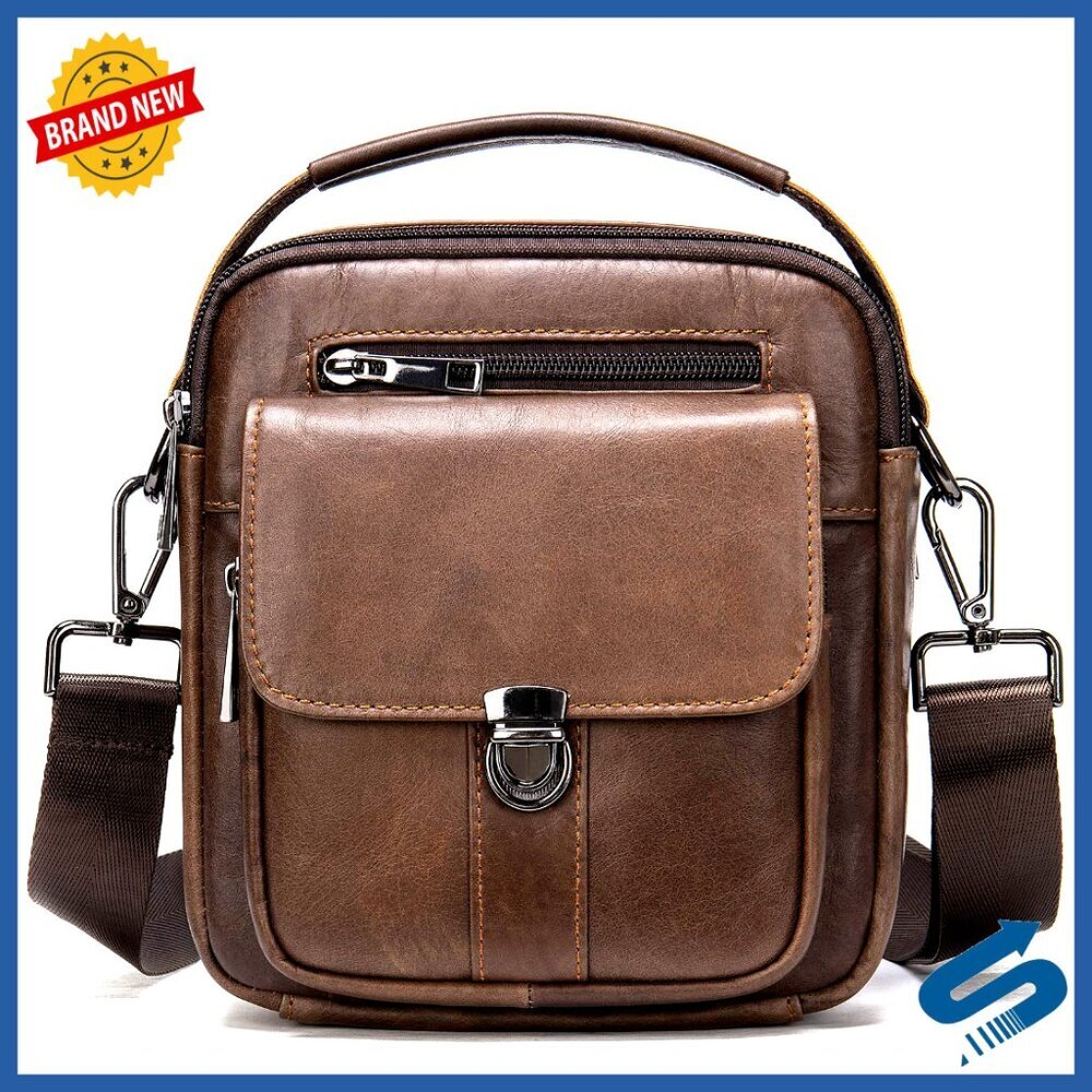 Mini Genuine Leather Messenger Bag with 5 Zipper Pockets for Men